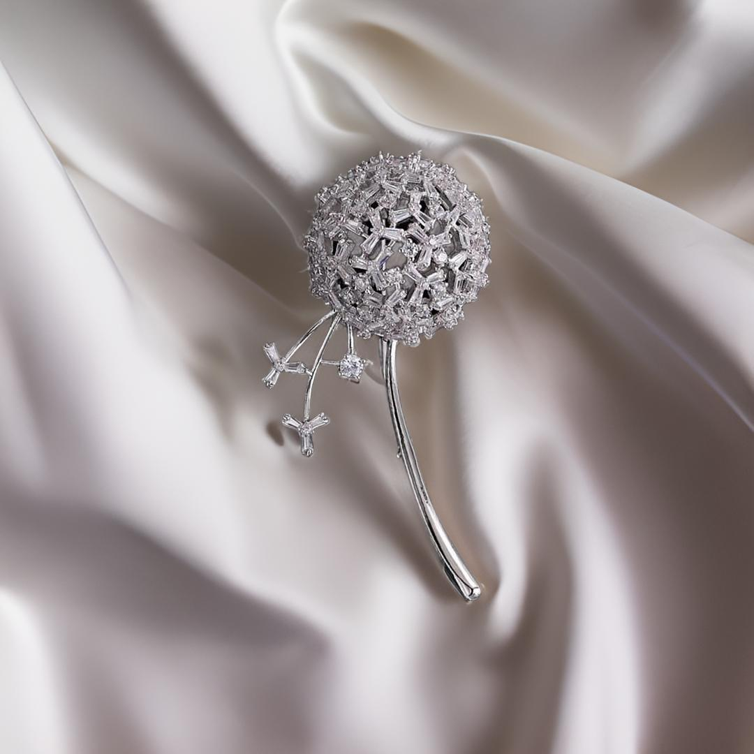 Dandelion elegant pin brooch in silver tone with zirconia stones 